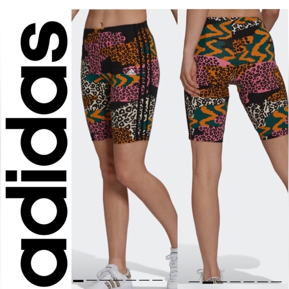 Adidas FARM RIO 3-STRIPES PRINT COTTON BIKE SHORTS medium pink animal print - Picture 2 of 2